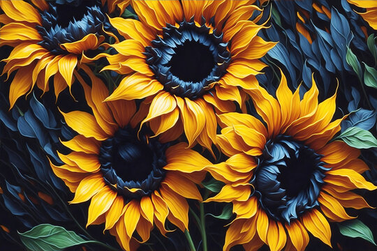 Sunflowers background, many sunflowers in oil painting style illustration. Generative Ai.