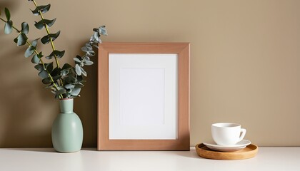 Blank frame mockup in brightly lit light brown interior room on a white table in between of a plant pot and a cup of coffee, Generative AI