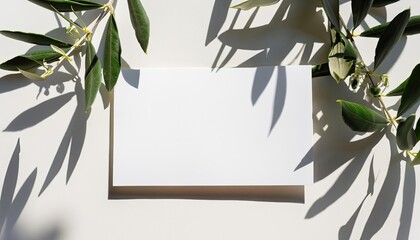 Single Blank sheet of paper mockup on a white table with some plant leaves, Generative AI
