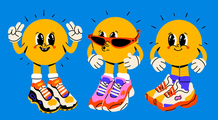 Sun with eyes, hands and legs. Set of funny cartoon characters wearing big sneakers, cool stylish shoes, socks. Sticker, poster, print, design templates. Hand drawn trendy Vector illustration