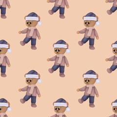 Seamless pattern with cute teddy bear. Hand drawn winter illustration isolated on pastel background.