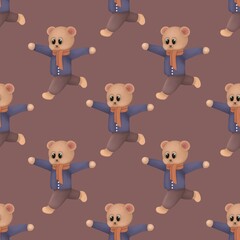 Seamless pattern with happy teddy bear.Hand drawn winter teddy bear illustration isolated on brown background.