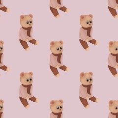 Seamless pattern with teddy bear,Hand drawn winter illustration isolated on pink background.
