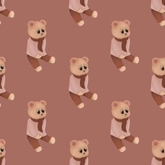 Seamless pattern with baby  teddy bear,Hand drawn winter illustration isolated on brown background.