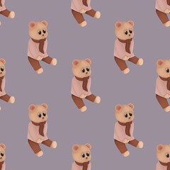 Seamless pattern with teddy bear,Hand drawn winter illustration isolated on purple background.