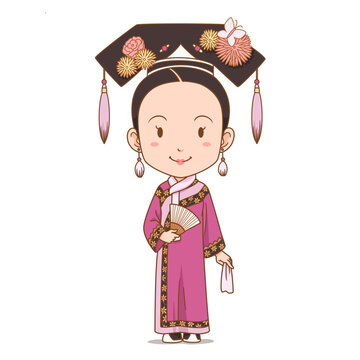 Cartoon character of Chinese girl in Qing dynasty costume.