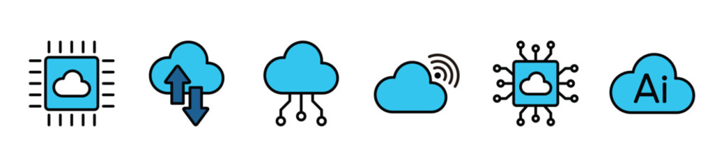 Cloud tech icon set. Technology, digital, wifi, ai, internet, circuit, cyber icon symbol in line and flat style on white background with editable stroke for apps and websites. Vector illustration