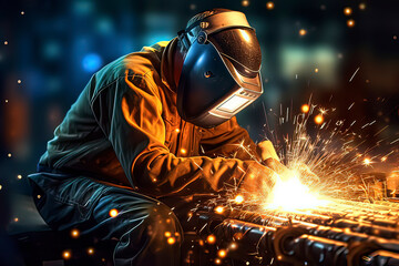 The welder is welding steel plates. AI technology generated image