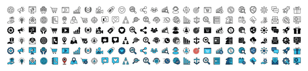 Digital marketing icons vector set. advertising, business, ranking, shopping, seo, social media, data analytics, e-commerce, network, presentation, website, strategy, chart and other	