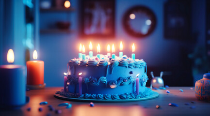 a blue cake with candles and candles on top