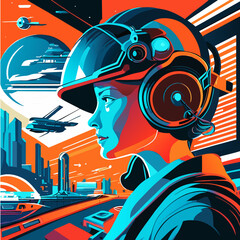 Vector illustration of a futuristic user interface. The girl in the helmet of the pilot.
