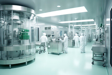 Internal and equipment of modern pharmaceutical factory R&D center. AI technology generated image