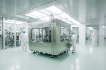 Internal and equipment of modern pharmaceutical factory R&D center. AI technology generated image - obrazy, fototapety, plakaty