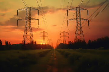 High voltage post High voltage tower sky sunset background. AI technology generated image