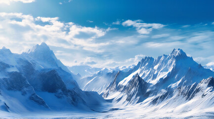a mountain range with snow is shown in the midst of blue skies