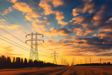 High voltage post High voltage tower sky sunset background. AI technology generated image
