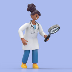 3D illustration of Female Doctor Juliet looking through a magnifying glass and searching for information. Cartoon exploring businessman holding a magnifier, Medical presentation clip art isolated on b - obrazy, fototapety, plakaty