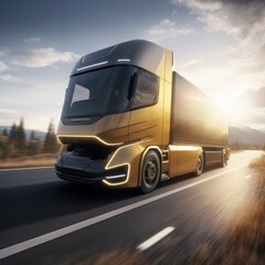 Futuristic Technology Concept: Autonomous Self-Driving Lorry Truck with Cargo Trailer Drives on the Road. - 616453850
