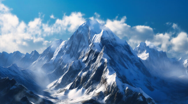 a mountain range with snow is shown in the midst of blue skies