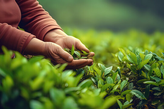 Workers in the tea garden are picking tea leaves. AI technology generated image