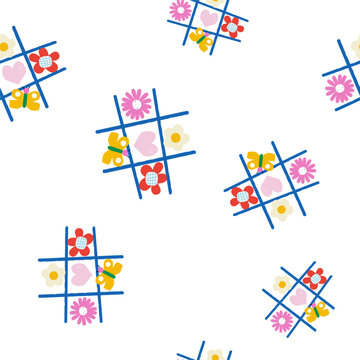 Seamless pattern with tic-tac-toe. Trendy childish print. Vector hand drawn illustration.