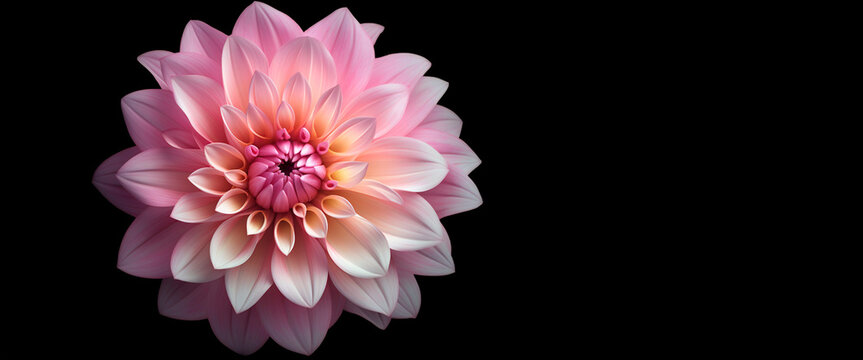 Banner of beautiful pink dhalia flower over dark background. Generative AI.