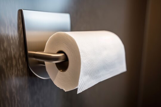A white roll of soft toilet paper neatly hanging on a modern chrome holder on a light blue bathroom wall, AI generated