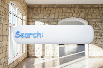 search box text floating in air standing in luxurious loft apartment with arched window and minimalistic interior living room design; 3D Illustration