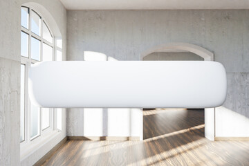 search box text floating in air standing in luxurious loft apartment with arched window and minimalistic interior living room design; 3D Illustration