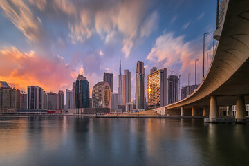 colorful sunset in dubai. Business center of the city with office buildings and skyscrapers around Burj Khalifa. Financial district skyline in the evening with cloudy skies.
