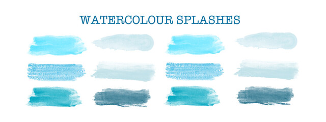 blue watercolour transparent splashes eps collection, clip art splashes vector set isolated on white background 