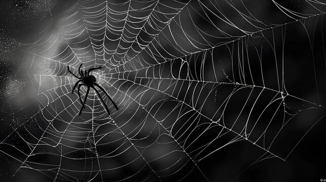Festive Halloween celebration background, huge white spider web. Gothic abstract web texture on a black background. Generative AI.