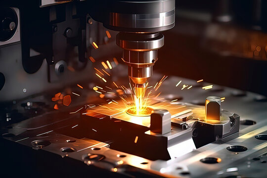 The CNC machining center is drilling holes. AI technology generated image