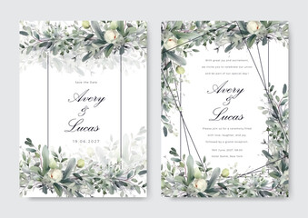 Invitation watercolor greeting card with green leaves background wedding invitation