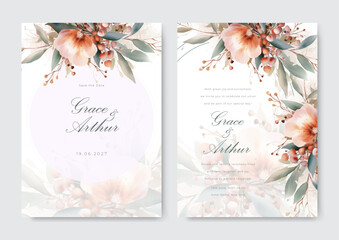 peach flower floral vector watercolor colorful wedding invitation card template set with golden floral decoration