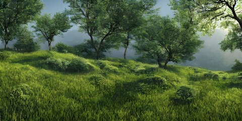 Fototapeta na wymiar Trees on a green landscape, nature scenic illustration, ai