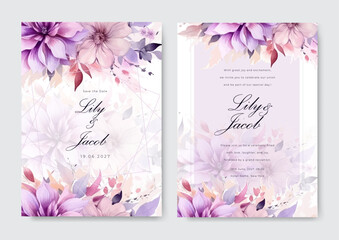 Pastel purple and pink rose flower floral elegant wedding invitation hand draws