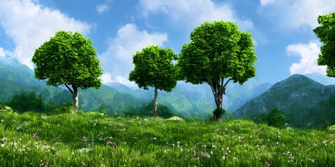 Obraz premium Trees on a green landscape, nature scenic illustration, ai