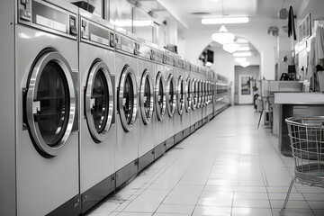 A row of washing machines in the laundry room. AI technology generated image - obrazy, fototapety, plakaty
