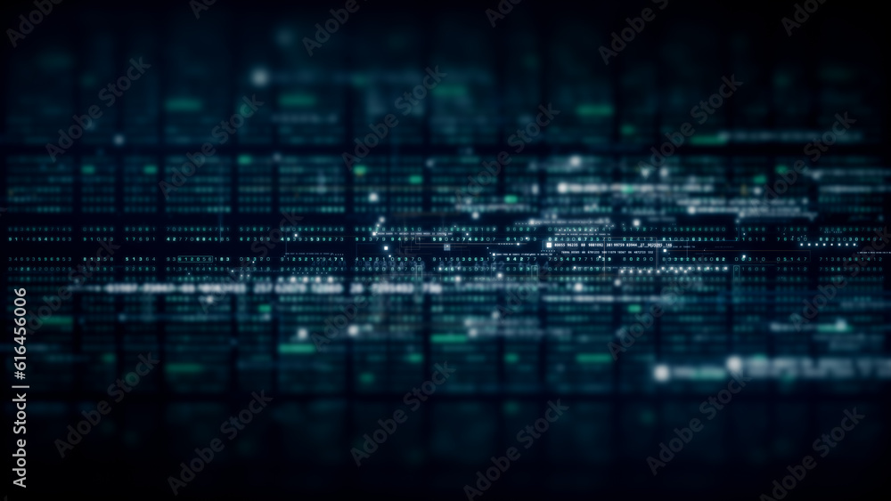 Poster Advance data matrix, telemetry and encrypt numbers simulation user interface display in cyber space abstract de-focus environment background