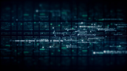 Advance data matrix, telemetry and encrypt numbers simulation user interface display in cyber space abstract de-focus environment background