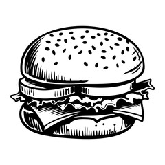 hamburger hand drawn vector illustration sketch retro style, Delicious vintage etching food design. american burger vector hamburger vintage style isolated on white