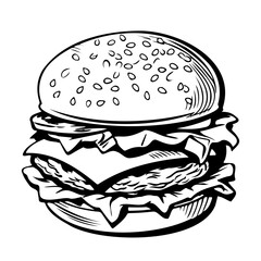 hamburger hand drawn vector illustration sketch retro style, Delicious vintage etching food design. american burger vector hamburger vintage style isolated on white