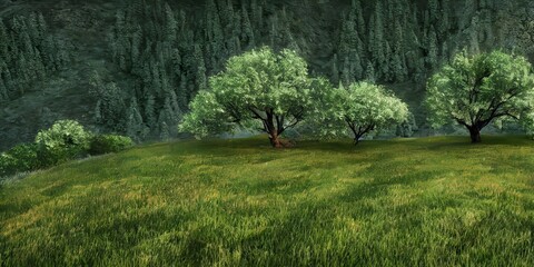
Trees on a green landscape, nature scenic illustration, ai