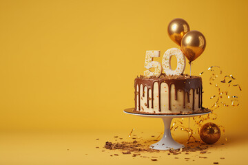 Fifty birthday yellow cake decorated with chocolate, sweets on a yellow background with gold balloons. Generative AI