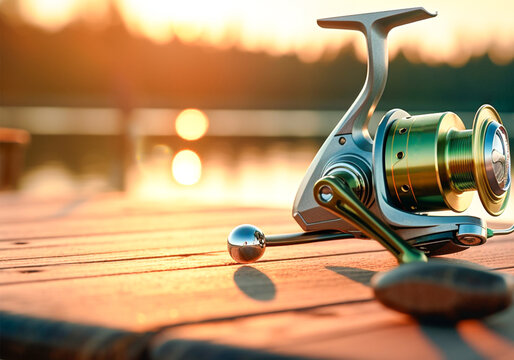 Fishing equipment - spinning reel for fishing rod or spinning. Spinning reel on a wooden table against the backdrop of a lake at sunset. Generative AI