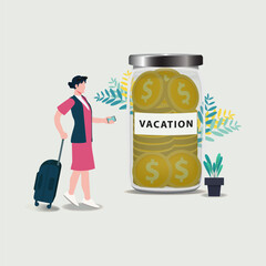 Woman walking with coins on transparent glass jar. Saving for vacation concept vector illustration