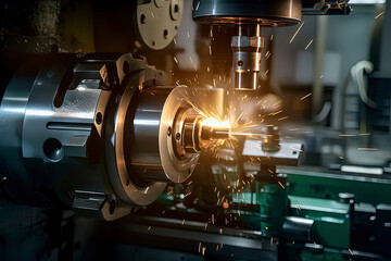 Fototapeta premium The CNC machining center is drilling holes. AI technology generated image