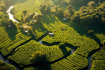 Fototapeta premium Bird's-eye View of Tea Plantation. AI technology generated image