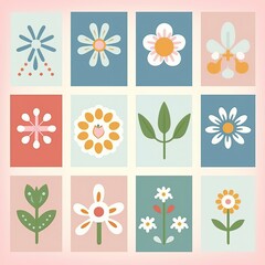 A five by five grid of icons of flowers. Pastel colors. Simple design. Clipart. Vector art. generative ai